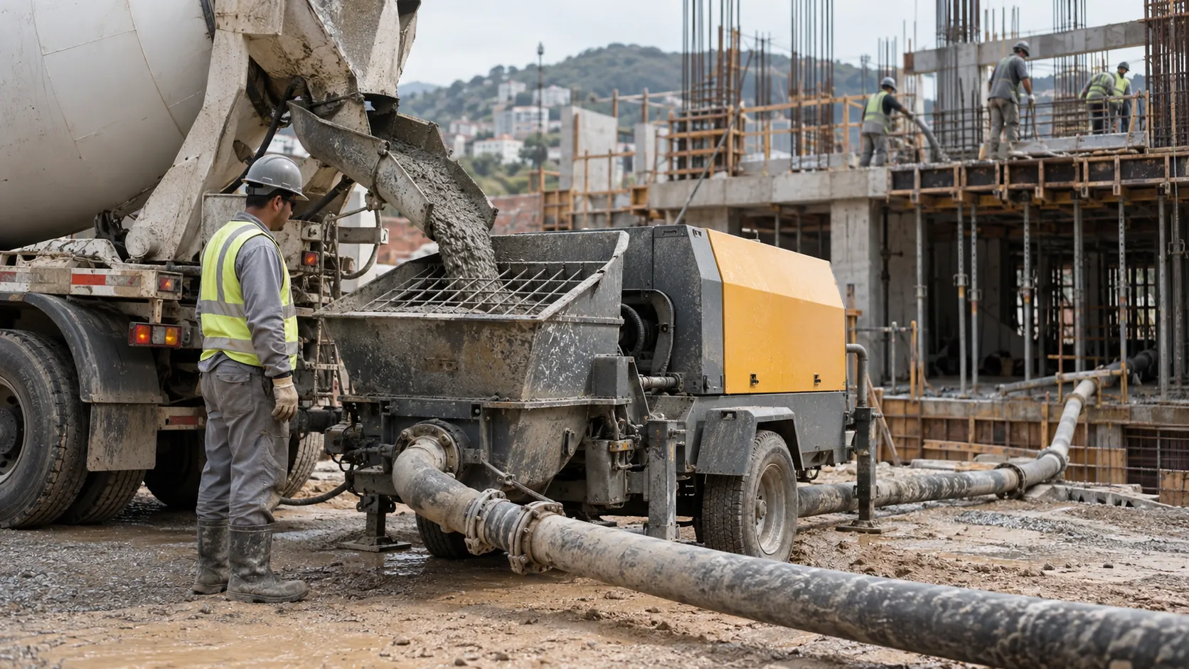 Bomba estacionária recebendo concreto da betoneira, com tubulação até a obra