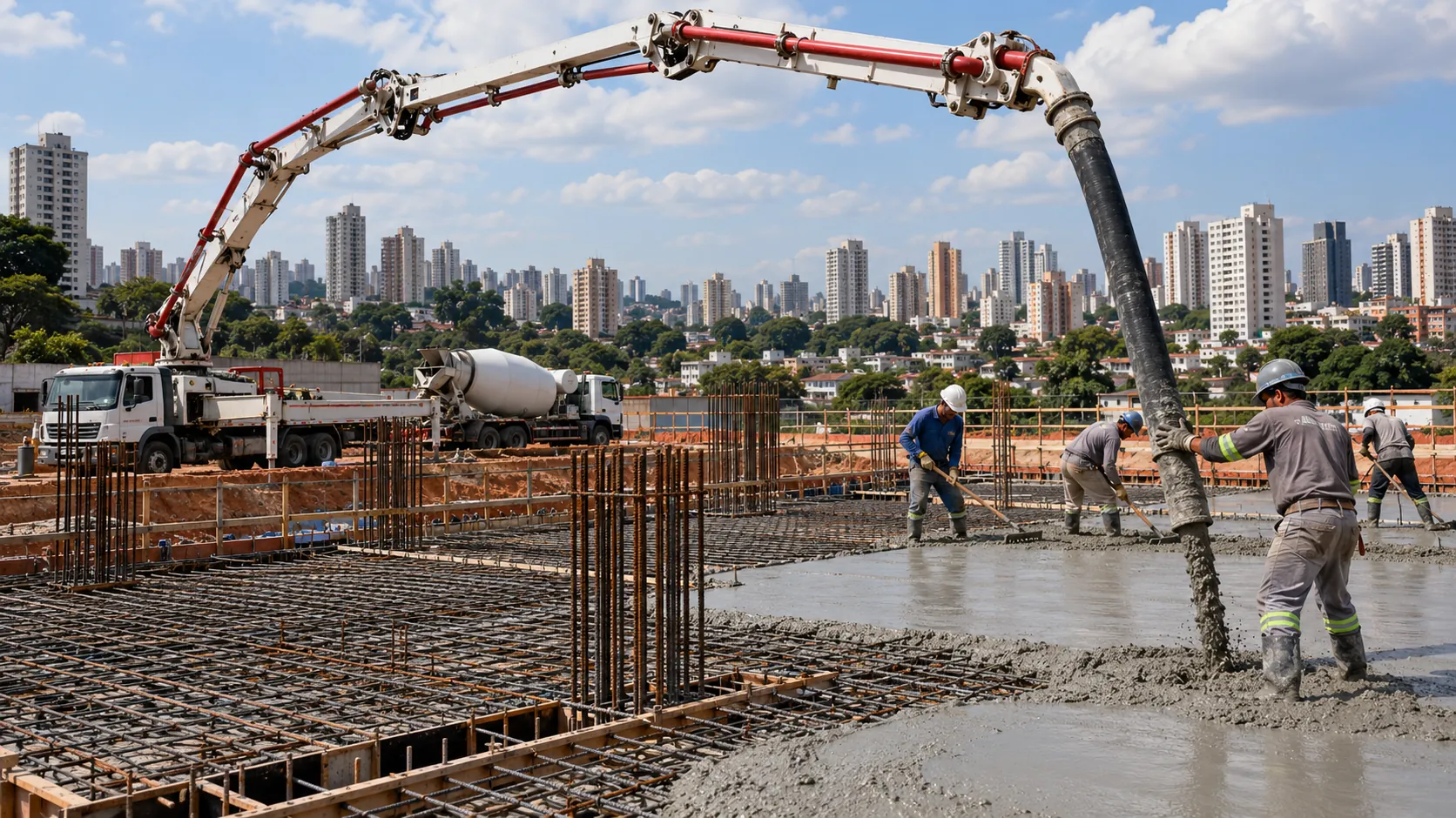 Bomba lança lançando concreto sobre a armadura da laje enquanto a equipe espalha o material