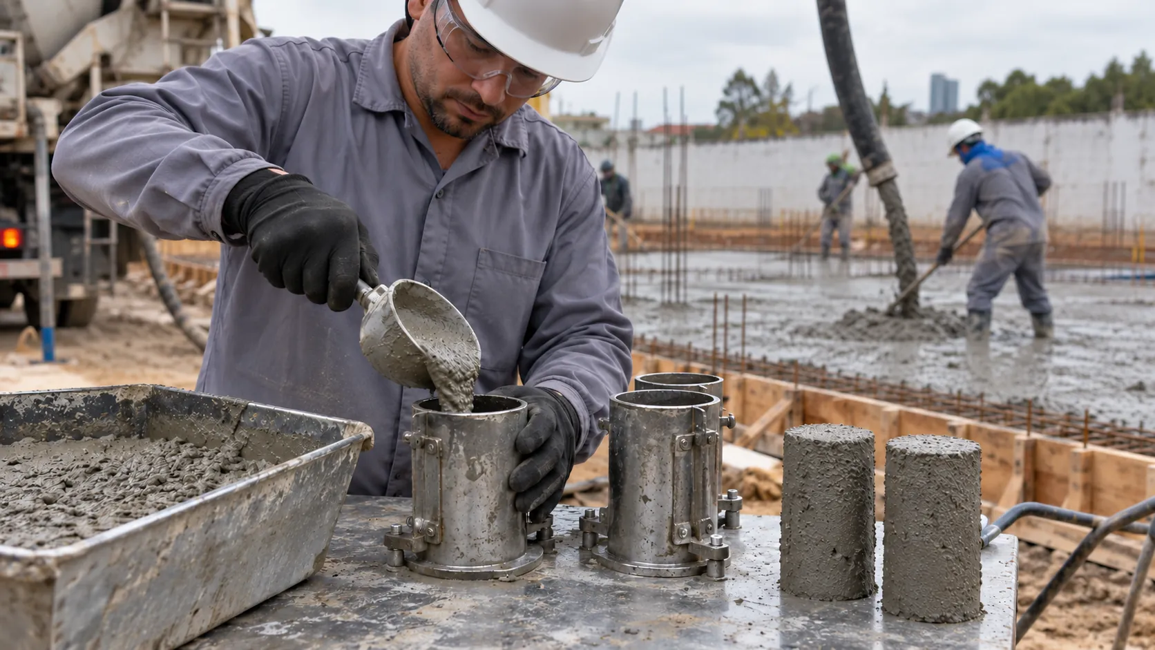 Técnico enchendo cilindros de corpo de prova ao lado da concretagem
