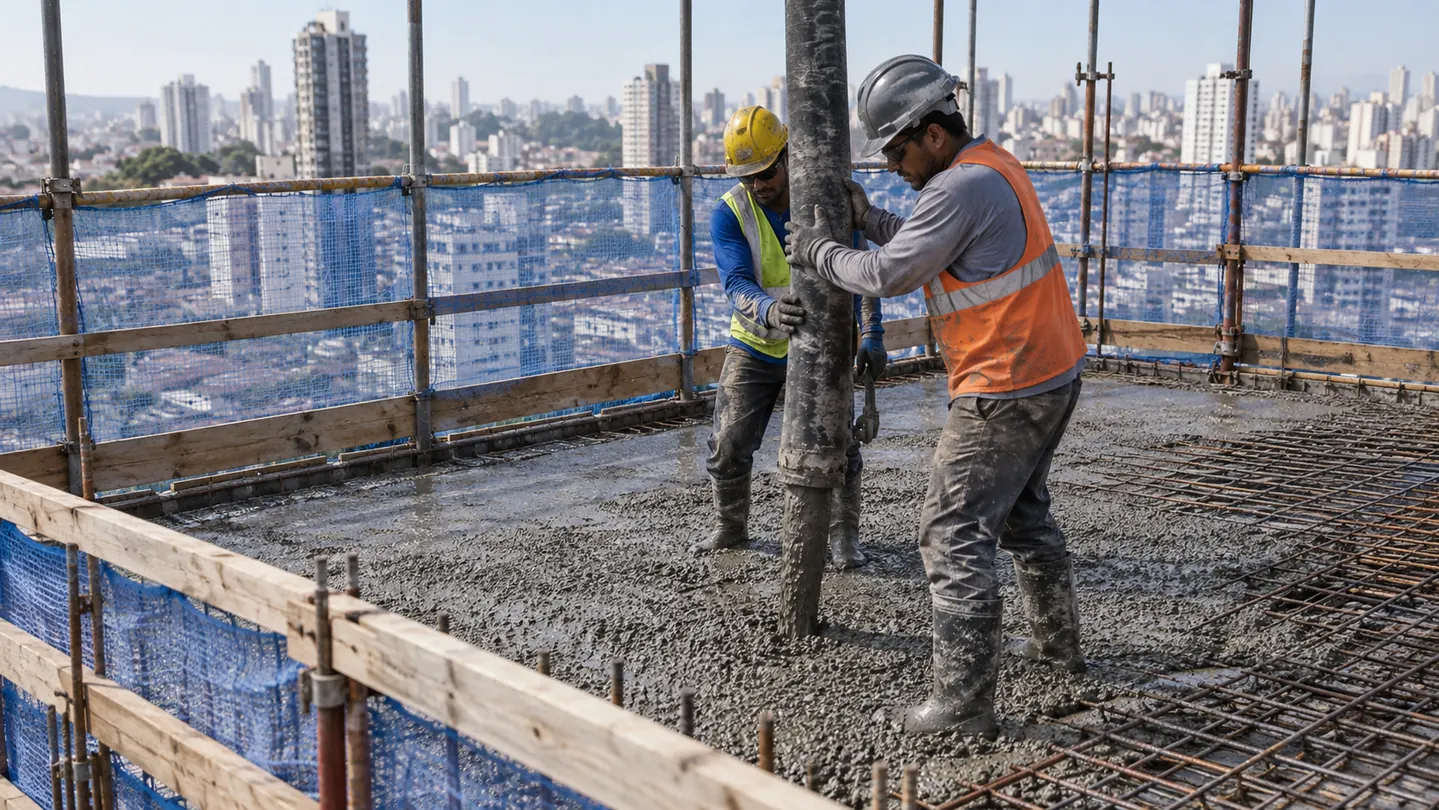 Dupla lançando concreto com mangote em laje elevada com prédios ao fundo