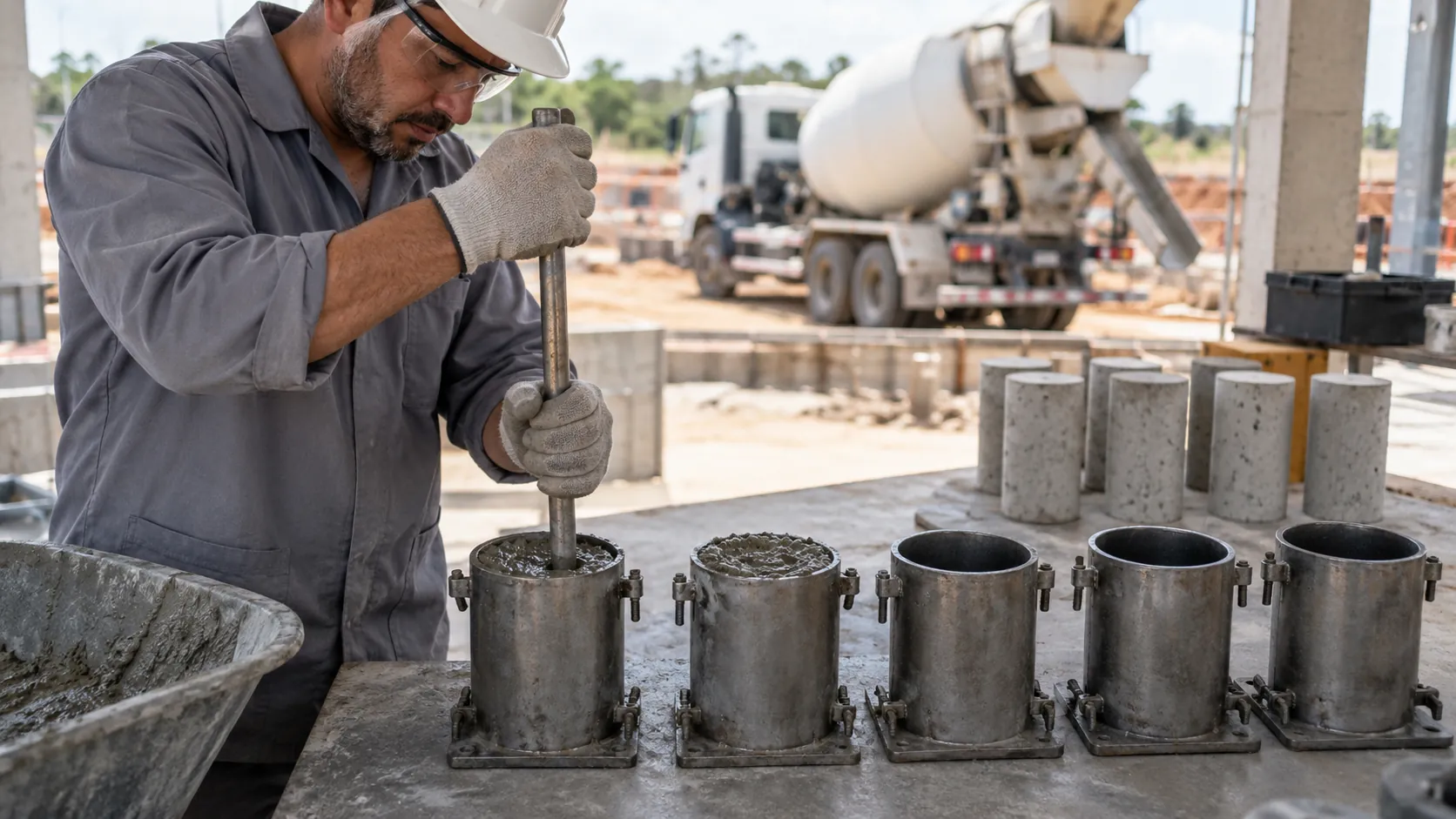 Técnico moldando corpos de prova de concreto em cilindros metálicos