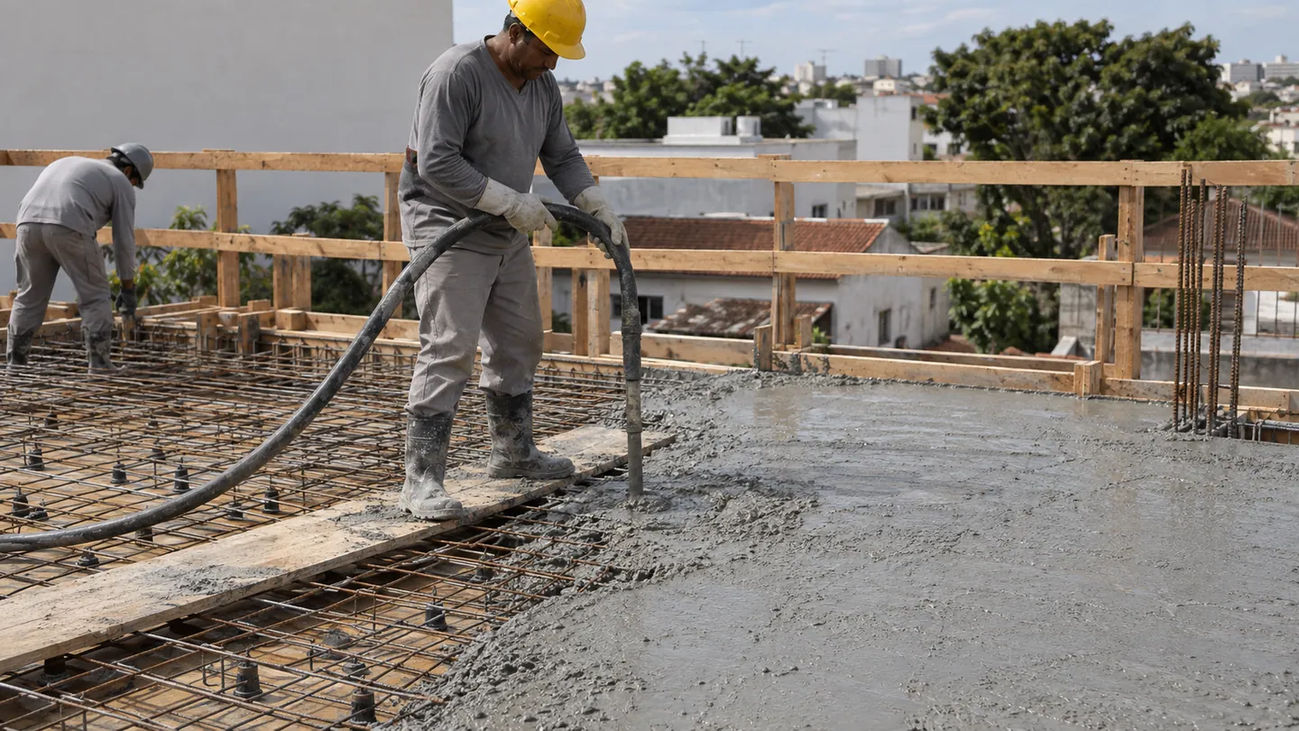 Operários lançando concreto com mangote sobre laje maciça armada