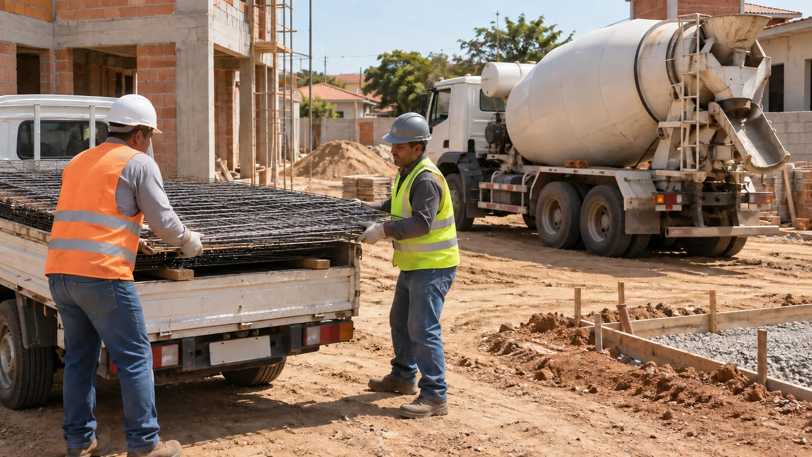 Malhas descarregadas de caminhonete ao lado da betoneira na obra