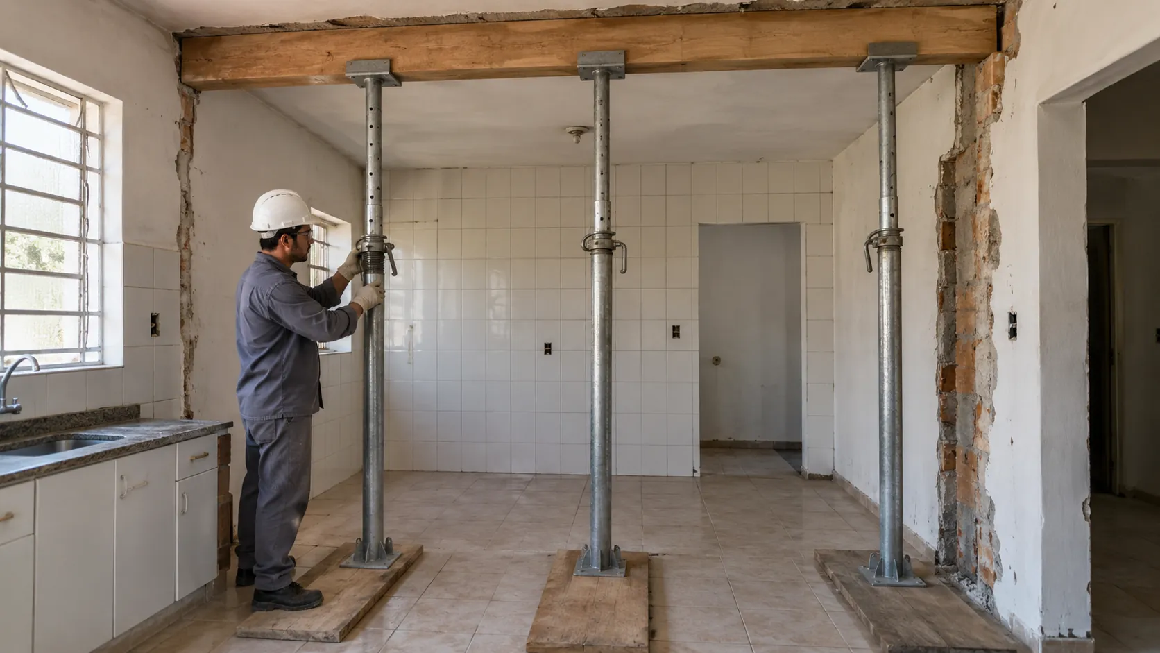 Operário ajustando escora metálica dentro de uma cozinha em reforma