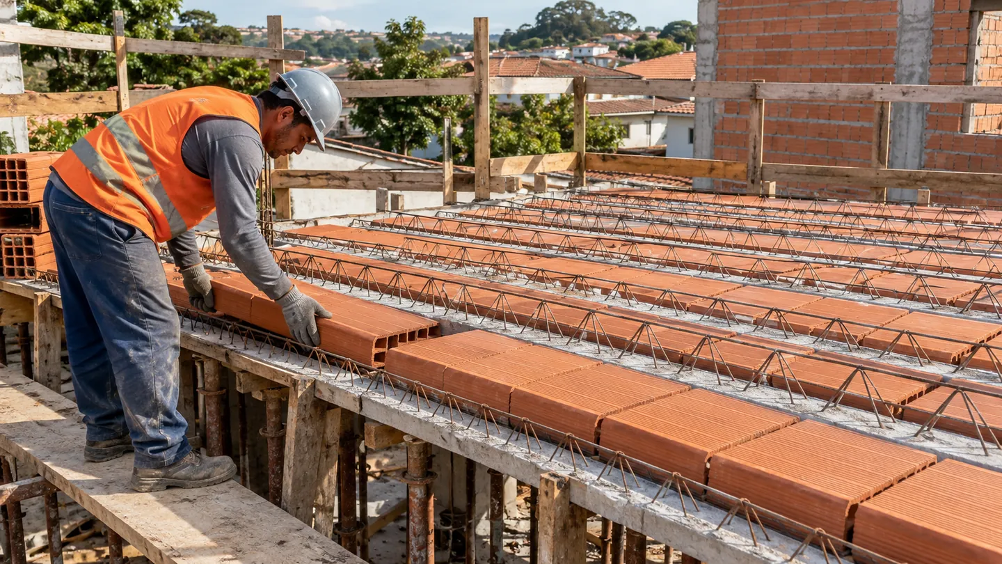 Operário encaixando lajotas cerâmicas entre as vigotas treliçadas