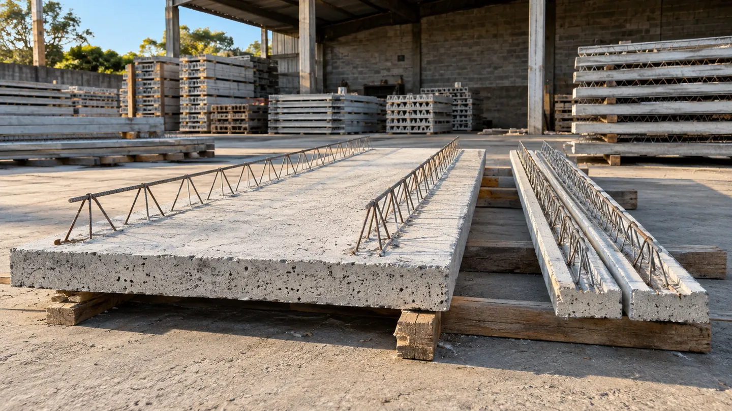 Painéis e vigotas de laje pré-fabricada sobre calços no pátio