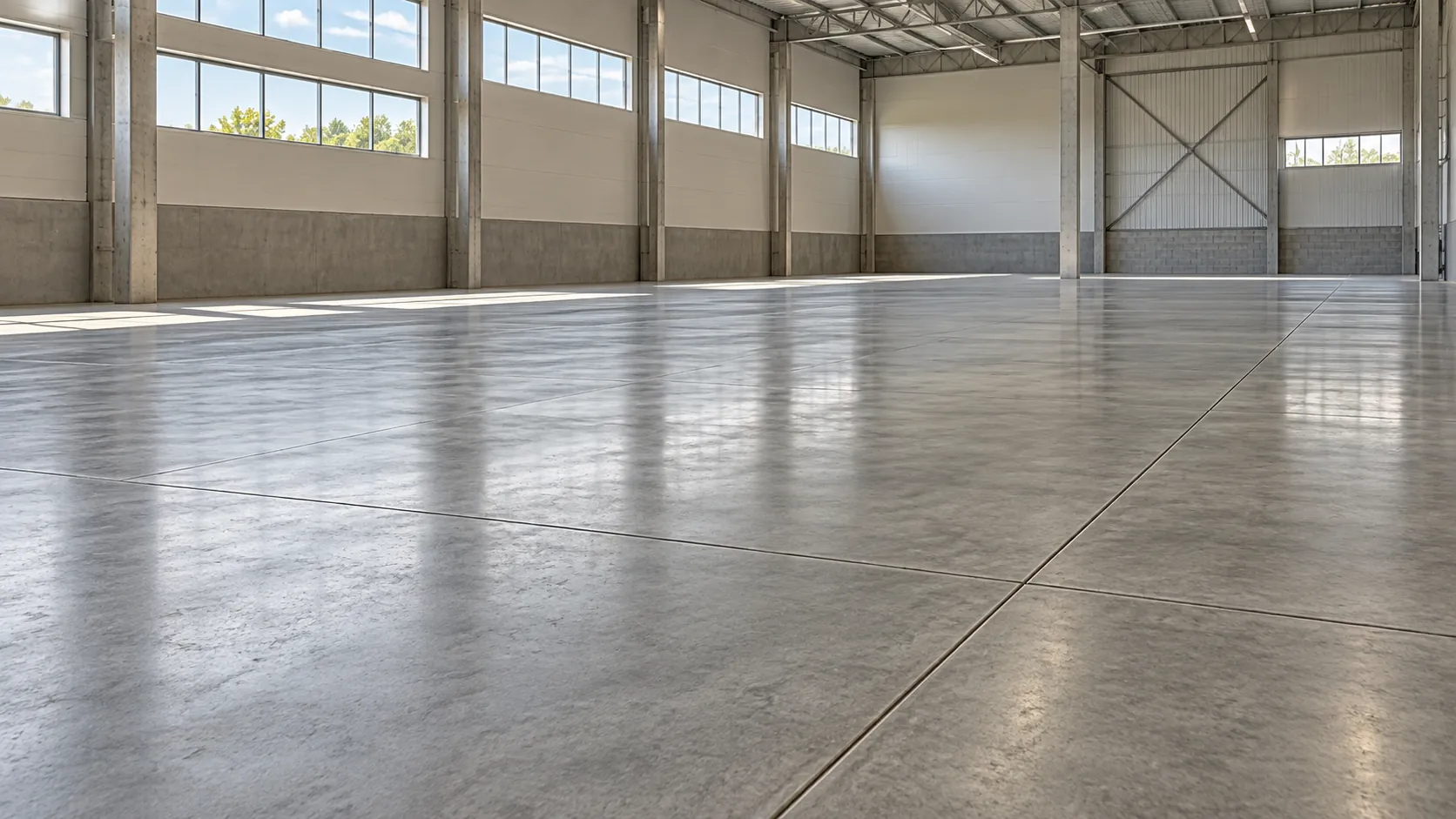 Piso de concreto liso e acabado no interior de um galpão