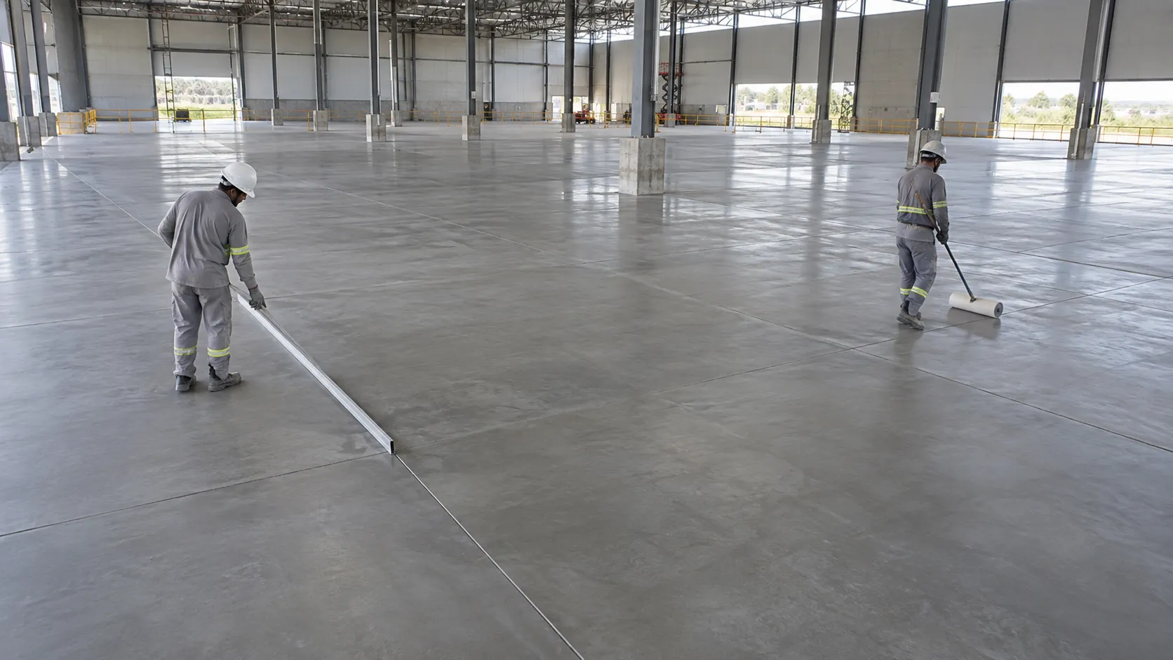 Equipe acabando piso de concreto em galpão amplo